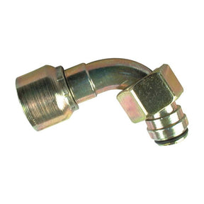The Sparex Parker Metric Hose Insert 3/8'' x M16 x 1.50 Female 90° Swept Swivel Light Series (S.3331606) is a metal hydraulic hose fitting with a 90-degree bend and threaded connector ends, suitable for various applications.