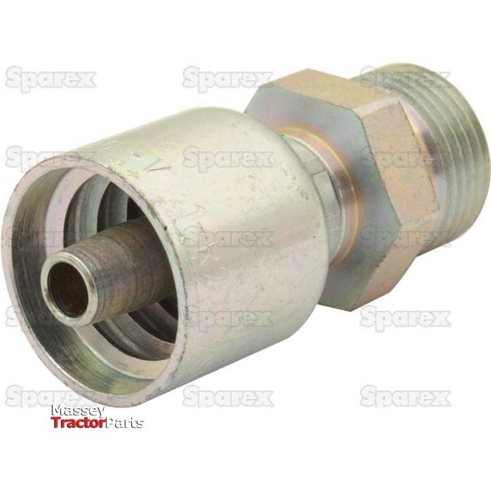 Close-up of a metallic hydraulic coupling part with a threaded end, labeled "Sparex" and "Parker Metric Hose Insert 5/16'' x M20 x 1.50 Male Straight Heavy Series - S.3412005," suitable for various machinery types.