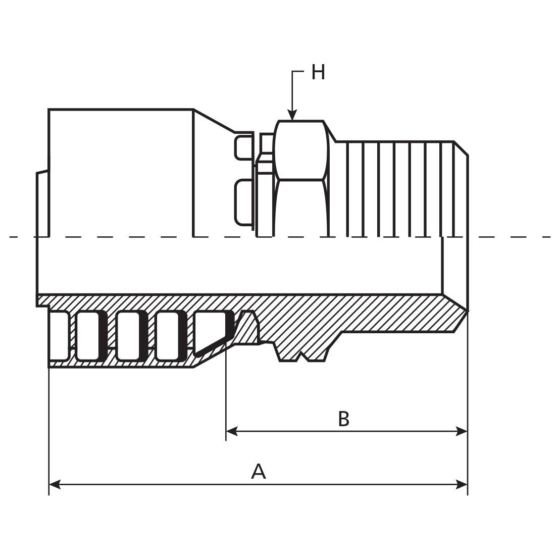 The technical drawing illustrates a mechanical component in cross-sectional view, detailing the measurements labeled as A, B, and H. The image highlights intricate internal structures and threads, including a DN12 nominal I.D. Sparex Parker BSPT Hose Insert 1/2'' x 1/2'' x 14'' Male Straight Taper - S.3810808 fitting.