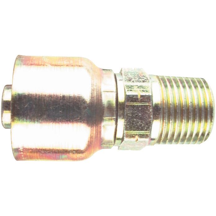 Close-up of a Parker BSPT Hose Insert 1/2'' x 1/2'' x 14'' Male Straight Taper - S.3810808, a metallic pipe from Sparex with a DN12 nominal I.D., showcasing its BSPT thread on the threaded end and a rounded coupling side.