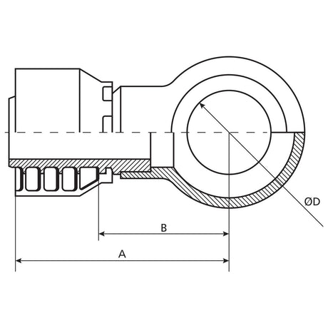 Technical diagram of a mechanical component, displaying lengths labeled A and B, and a diameter labeled ØD. It includes a cross-sectional view to show the inner workings of the Parker BSP Banjo Hose Insert 1/4'' x 12mm - S.3751204 from Sparex.