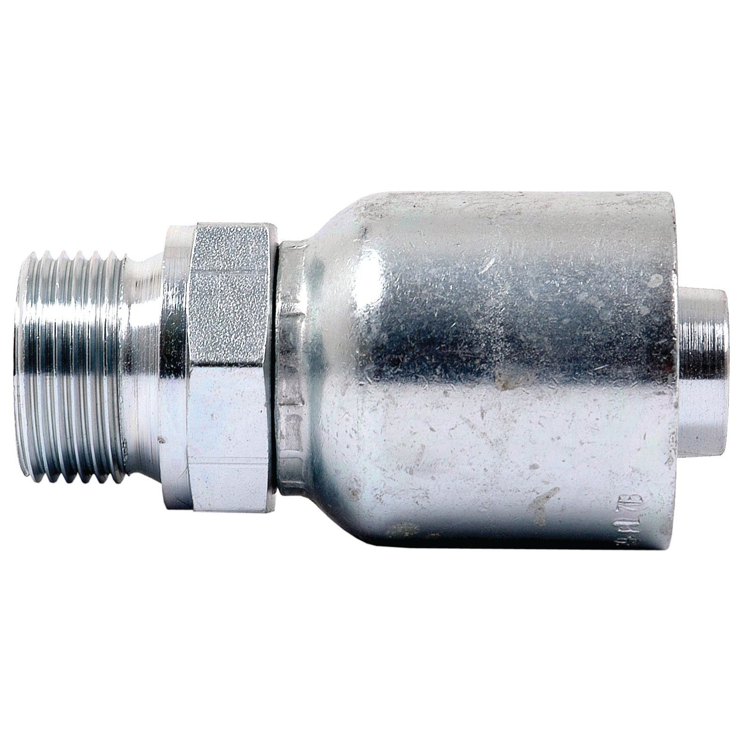 Close-up view of the Sparex Parker BSP Hose Insert 1/2'' x 1/2'' x 14'' Male Straight - S.7110808 pipe fitting, featuring a BSP threaded end and a hexagonal middle section, designed for connecting sections of pipe in plumbing or industrial applications.