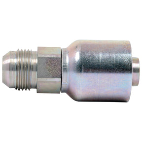 A metallic hydraulic fitting, such as the Sparex Parker JIC Hose Insert 5/8'' x 1 1/16'' x 12'' Male Straight - S.7211710, features a threaded male end on the left and a cylindrical body on the right, making it ideal for connecting two sections of hydraulic hose or tubing.