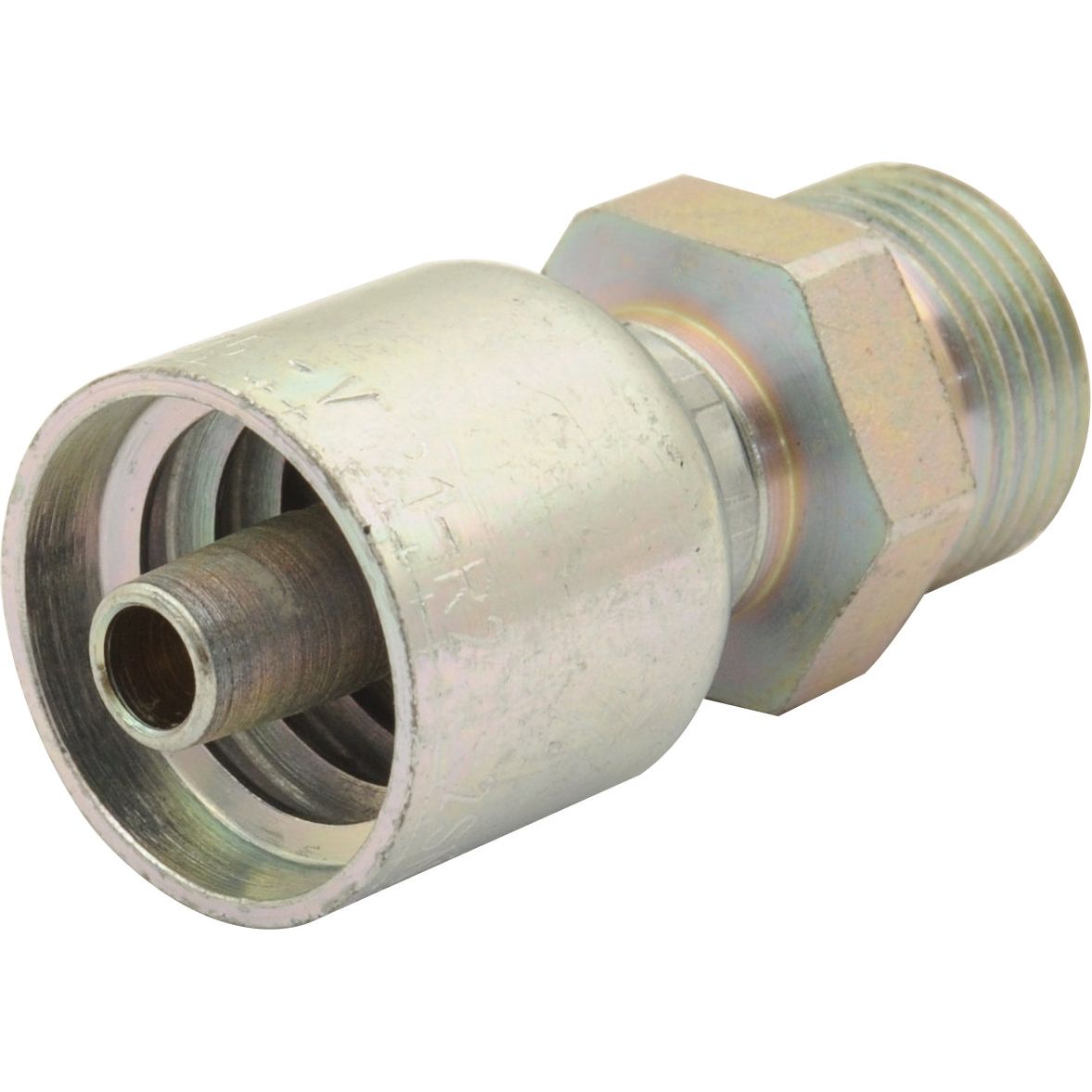 Close-up of the Parker Metric Hose Insert 5/16'' x M20 x 1.50 Male Straight Heavy Series - S.3412005 from Sparex, featuring a threaded end and a wider, hexagonal base for tightening. Suitable for various applications, this high-quality component comes with detailed manufacturing information to ensure compatibility and reliability.