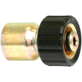 Close-up of a Sparex Parker Metric (Karcher) 1/2'' x M22 x 1.50 Female Straight Swivel gas hose connector with a brass and black plastic threaded end - S.3772208.