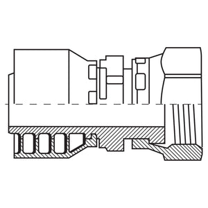 Technical drawing of a cross-sectional view of a mechanical component, showing various internal structures and details, including the Sparex Parker ORFS Hose Insert 3/8'' x 11/16'' Female Straight Swivel (Short) - S.3841106.