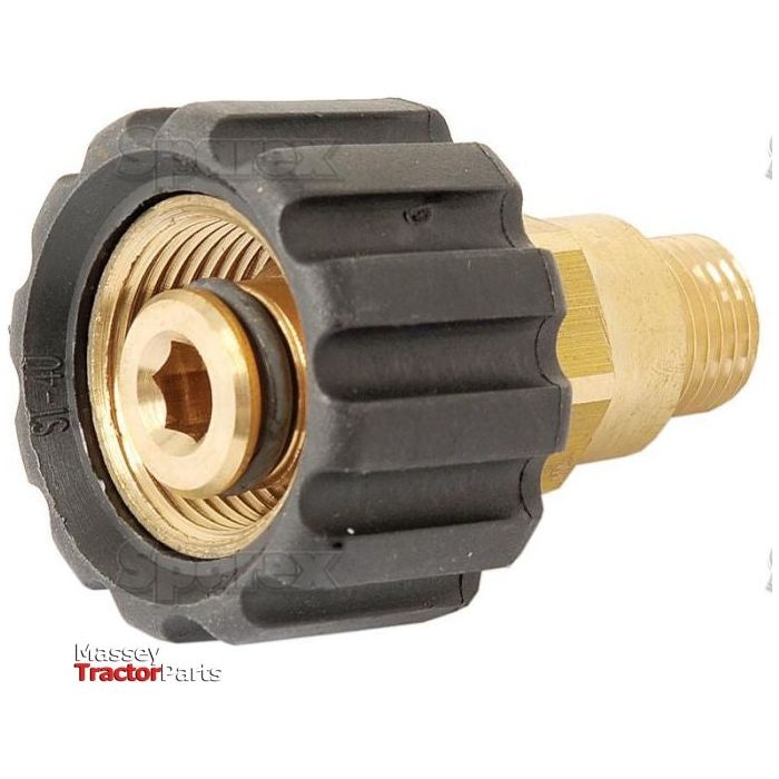 A Sparex Pressure Washer Adaptor with an M22 knurled thumb nut x 1/4'' BSP male (Sparex Part No.S.56428), featuring a brass and black plastic construction and labeled "Massey Tractor Parts," compatible with Karcher Pressure washers.