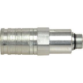 A robust carbon steel Parker Quick Release Hydraulic Coupling Female 1/2'' Body x M22 x 1.50 Metric Male Thread (Sparex Part No.S.3049) is viewed from the side against a white background, showcasing its threaded and ribbed components.