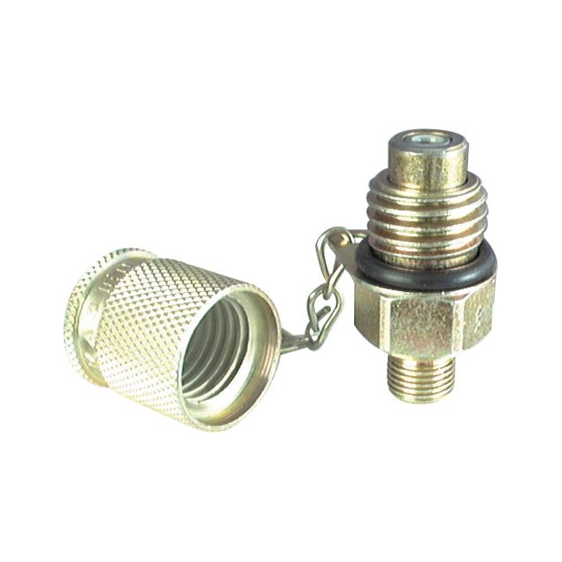 Service Junior Adaptor Pressure Connector Nipple M16 x 1.50 (Sparex Part No. S.53477) by Sparex with an attached knurled cap and chain, viewed at an angle against a white background.