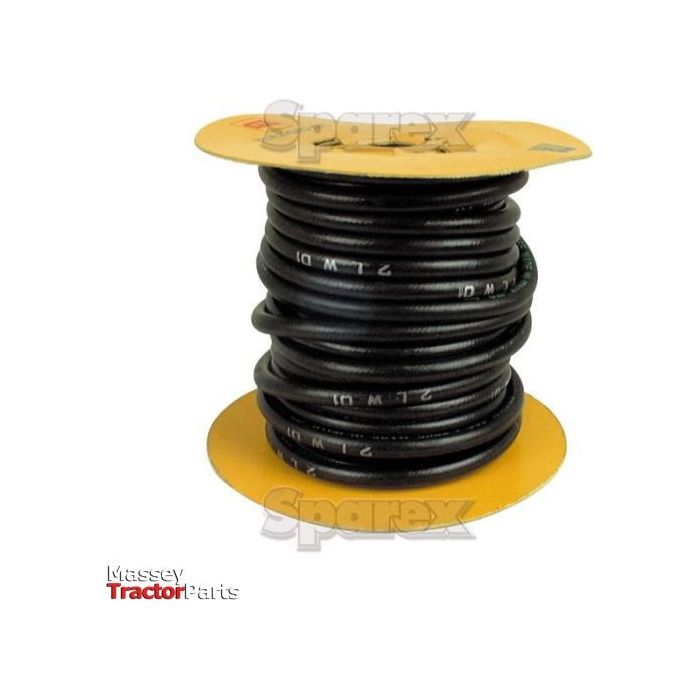 A coiled spool of Smooth Fuel Hose (10 x 16mm x 10M) in black, marked with the brand "Sparex," featuring yellow circular ends. The "Massey Tractor Parts" logo is visible on the lower left corner, indicating premium grade compounds for flexible routing.