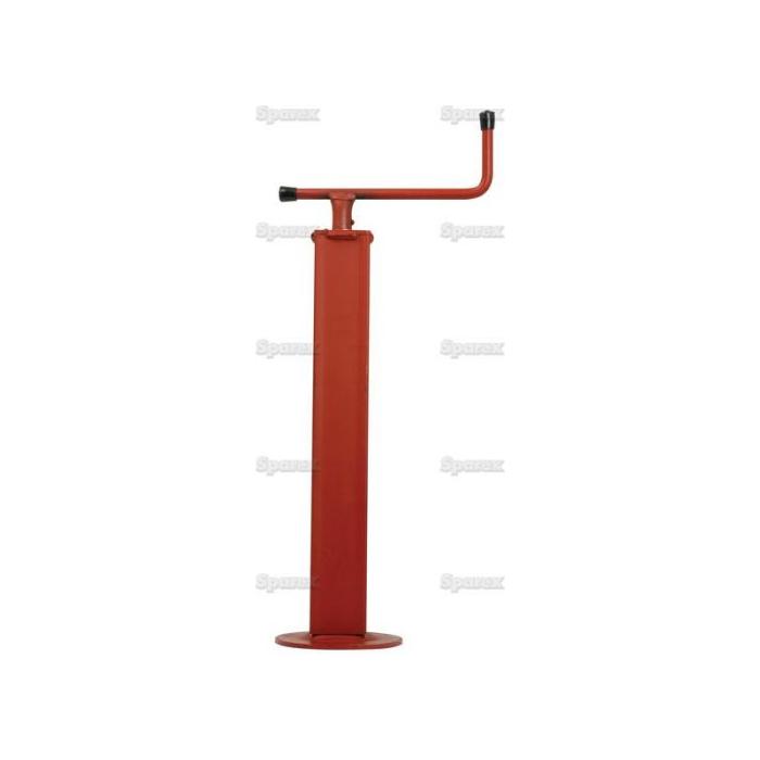 The Sparex Parking Jack 1000Kg - S.4065 is a red, vertical steel jack featuring a horizontal handle attached at the top left for manual operation. It supports structural elements with a maximum adjustment of 300mm and can hold up to 1000Kg of static load.