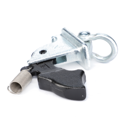 A metal component with a coil spring attached, featuring a looped hook on one end and a black lever on the other, rests on a white background. This is part of the Fendt - Parts Kit - F816870060030 by AGCO, ideal for hitch and linkage components in AGCO Parts or Fendt Models.