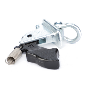 A metal component with a coil spring attached, featuring a looped hook on one end and a black lever on the other, rests on a white background. This is part of the Fendt - Parts Kit - F816870060030 by AGCO, ideal for hitch and linkage components in AGCO Parts or Fendt Models.