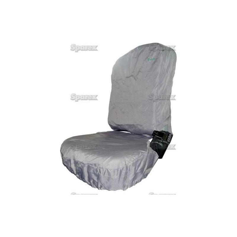 Introducing the Passenger Seat Cover for Tractor & Plant from Sparex, featuring a universal fit with elastic edges and a side pocket. This gray cover, part number S.71077, is crafted from waterproof material for enhanced durability and protection.