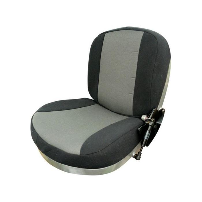 The AGCO Fendt Passenger Seat Cover (Product ID: X991450031000) is a padded, two-tone cover with a gray center and black sides designed for vehicles or machinery. This compact, ergonomic seat cover is ideal for the Fendt Vario 800 SCR Series and features side mounting hardware.