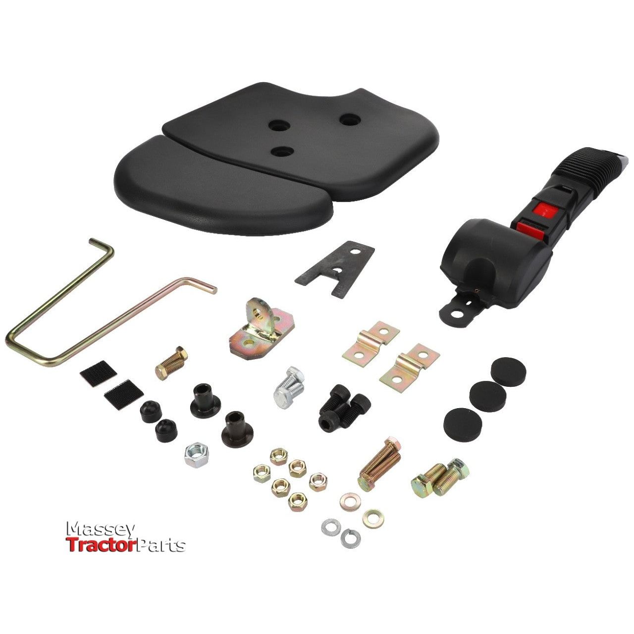 A collection of various tractor parts, including two black AGCO Massey Ferguson Passenger Seat Kits (part number 3907479M11) with adjustable height and ergonomic design, mounting brackets, screws, bolts, caps, and other small metal and plastic fittings displayed against a white background.