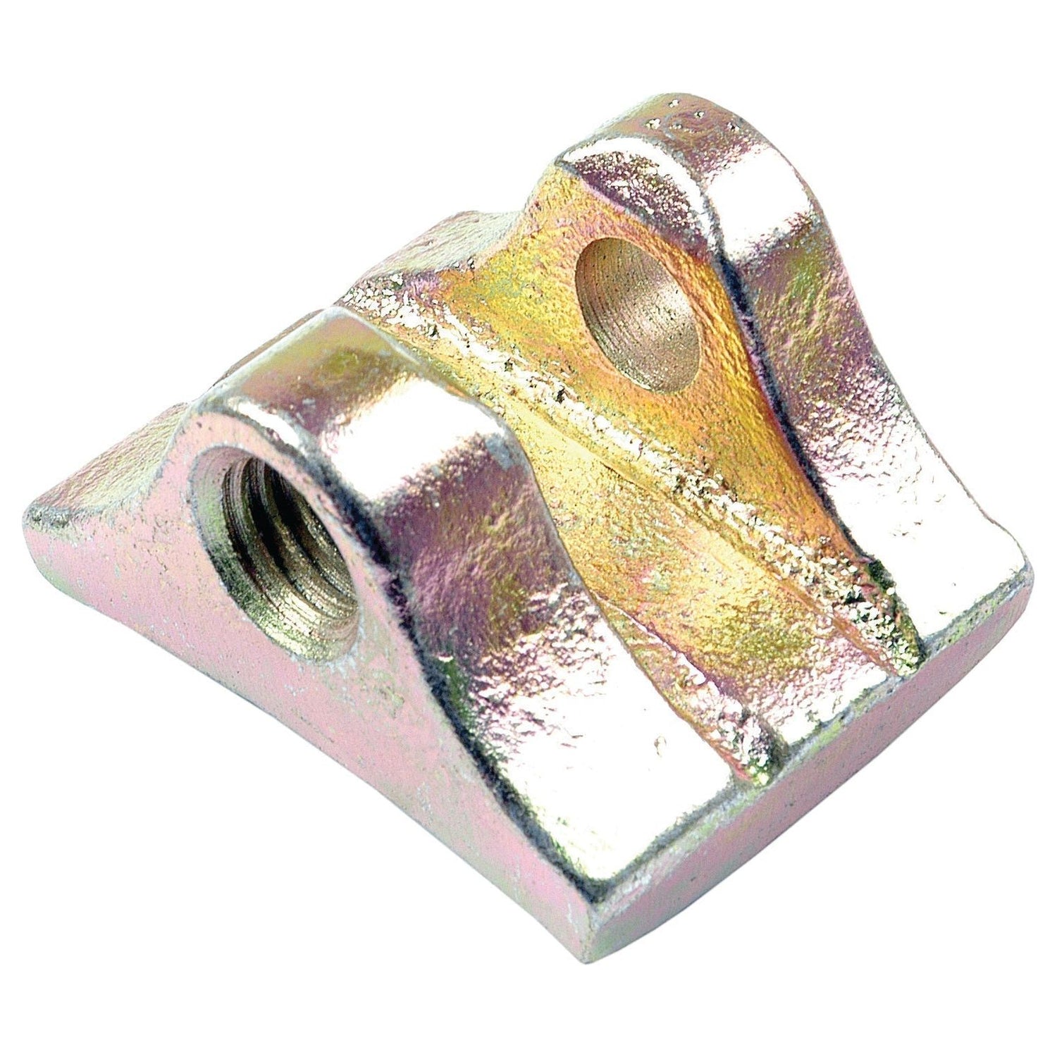 The PAVT Stop | Sparex Part No.S.41383 by Sparex is a metal clamp block with two raised sections, each featuring a circular hole on top. This versatile piece is compatible with Massey Ferguson and Allis Chalmers equipment.
