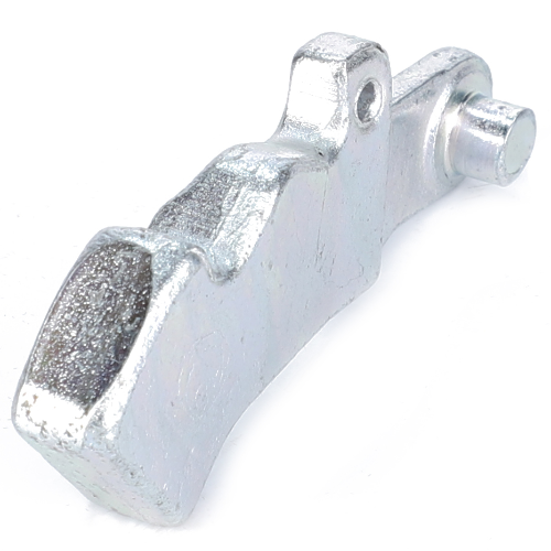 A silver metallic component featuring a curved shape and a protruding cylindrical part on one end, identified as the Massey Ferguson - Pawl - 3194583M1 by AGCO, possibly designed for use in the Massey Ferguson 300 Series or 6200 Series.