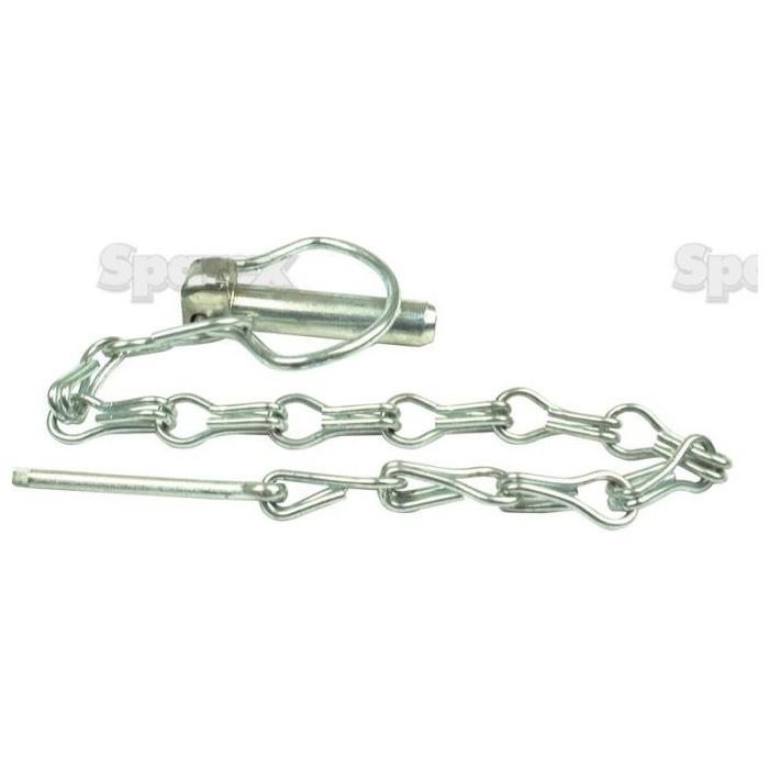 The Sparex Pear Linch Pin, Chain & Cotter Pin Assembly (Pin Ø6mm | Part No. S.26) consists of a metal pin attached to a chain with interlocking links and features a circular clasp. The chain length is customizable.