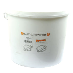 A small white plastic bucket labeled "Pear Linch Pin" and "Sparex Tractor Parts & Accessories" with illustrations of pear-type linchpins, including Sparex Part No. S.89 (Pin 10.5mm) on the side.