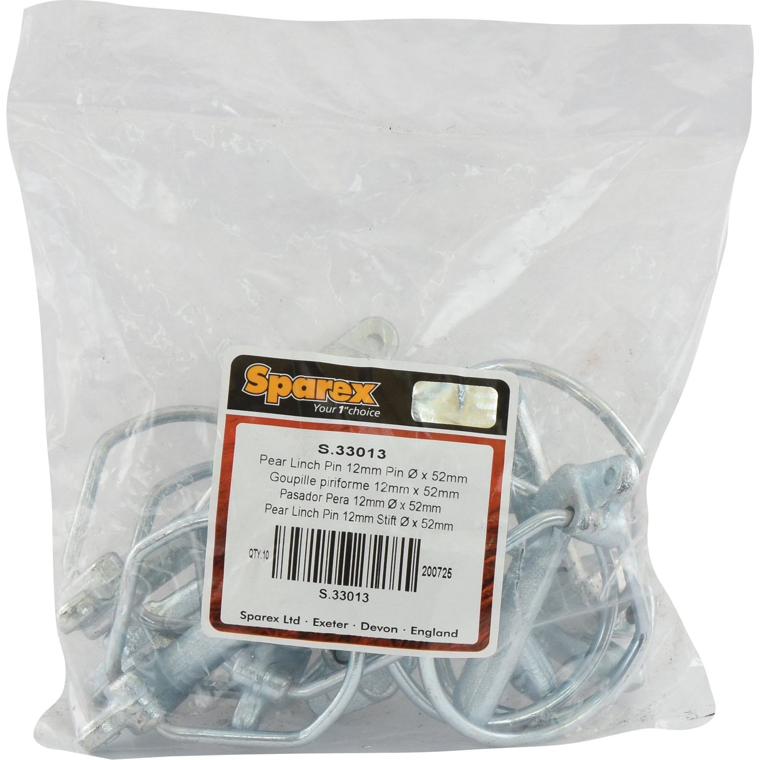 A clear plastic bag containing multiple metal pear linch pins, perfect for Massey Ferguson tractors, with a product label showcasing the brand "Sparex" and the item details Pear Linch Pin, Pin Ø12mm x 52mm | Sparex Part No.S.33013 in English and other languages.