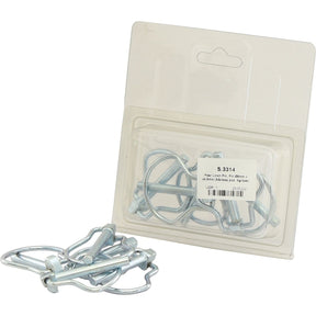 A plastic package containing Pear Linch Pins with attached rings, featuring a pin diameter of 6mm and a length of 44.5mm (5 pcs. Agripak) by Sparex (Part No. S.3314), displayed against a white background.