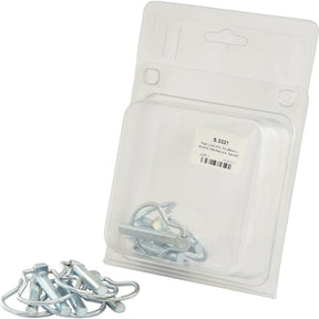 Clear plastic packaging labeled "Agripak" contains several silver cotter pins, with additional loose Pear Linch Pins placed in front. A label on the packaging displays product details for the Pear Linch Pin, Pin Ø8mm x 44.5mm (5 pcs. Agripak) | Sparex Part No.S.3321, under the brand Sparex.
