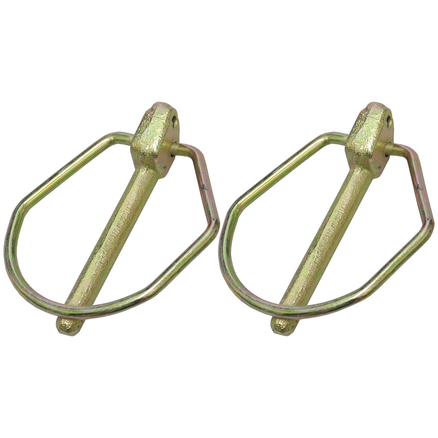 The Sparex Pear Linch Pin set, featuring two metallic linchpins with a cylindrical pin diameter of 8mm and length of 62mm, has a golden tint and is ideal for securing accessories to equipment. These linchpins are compatible with various parts from Agripak (Sparex Part No.S.24638).