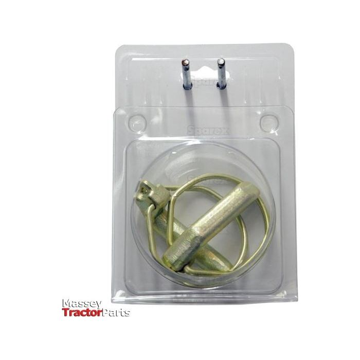 A packaged set of metal pins and rings in a clear plastic blister pack, labeled with the Sparex logo in the bottom left corner, includes a lower link quick release cone and is named Pear Linch Pin, Pin Ø15mm x 60mm (2 pcs. Agripak) | Sparex Part No.S.23014.