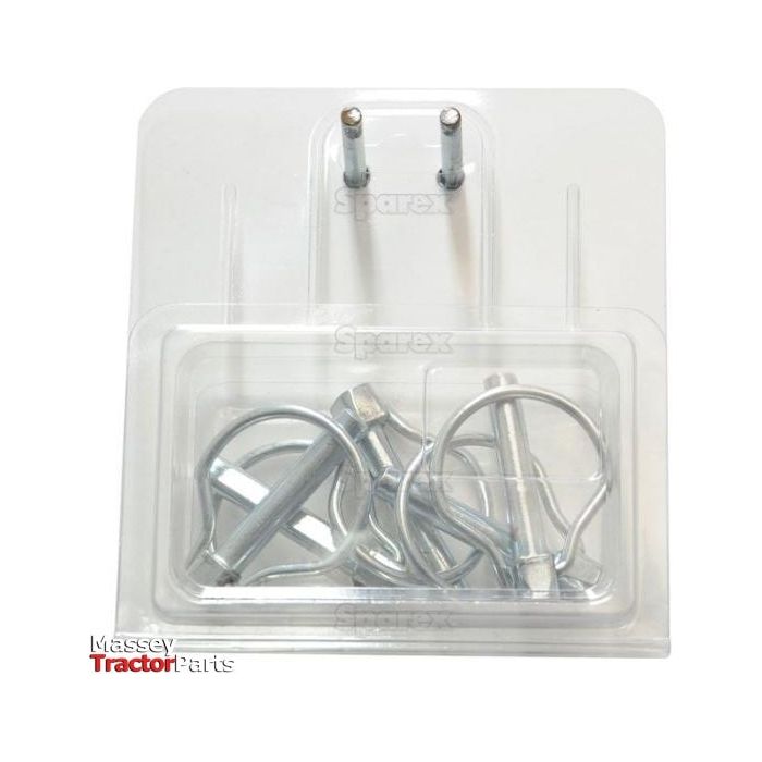 Clear plastic packaging containing Pin Ø8mm x 44.5mm Pear Linch Pins (5 pcs, Agripak) labeled with "Massey Tractor Parts" and "Sparex Part No.S.3321.”