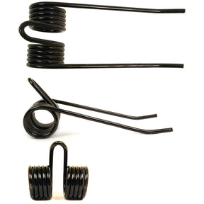 Three views of a black metal Pick-Up Tine: a top view showing coiled ends and protruding arms, a side view displaying its cylindrical shape, and a front view highlighting the loops and arm extension. Manufactured by Sparex, this 180mm Pick-Up Tine ensures durability and precision as a replacement for Hesston part number 701710102 (Sparex Part No.S.78963).