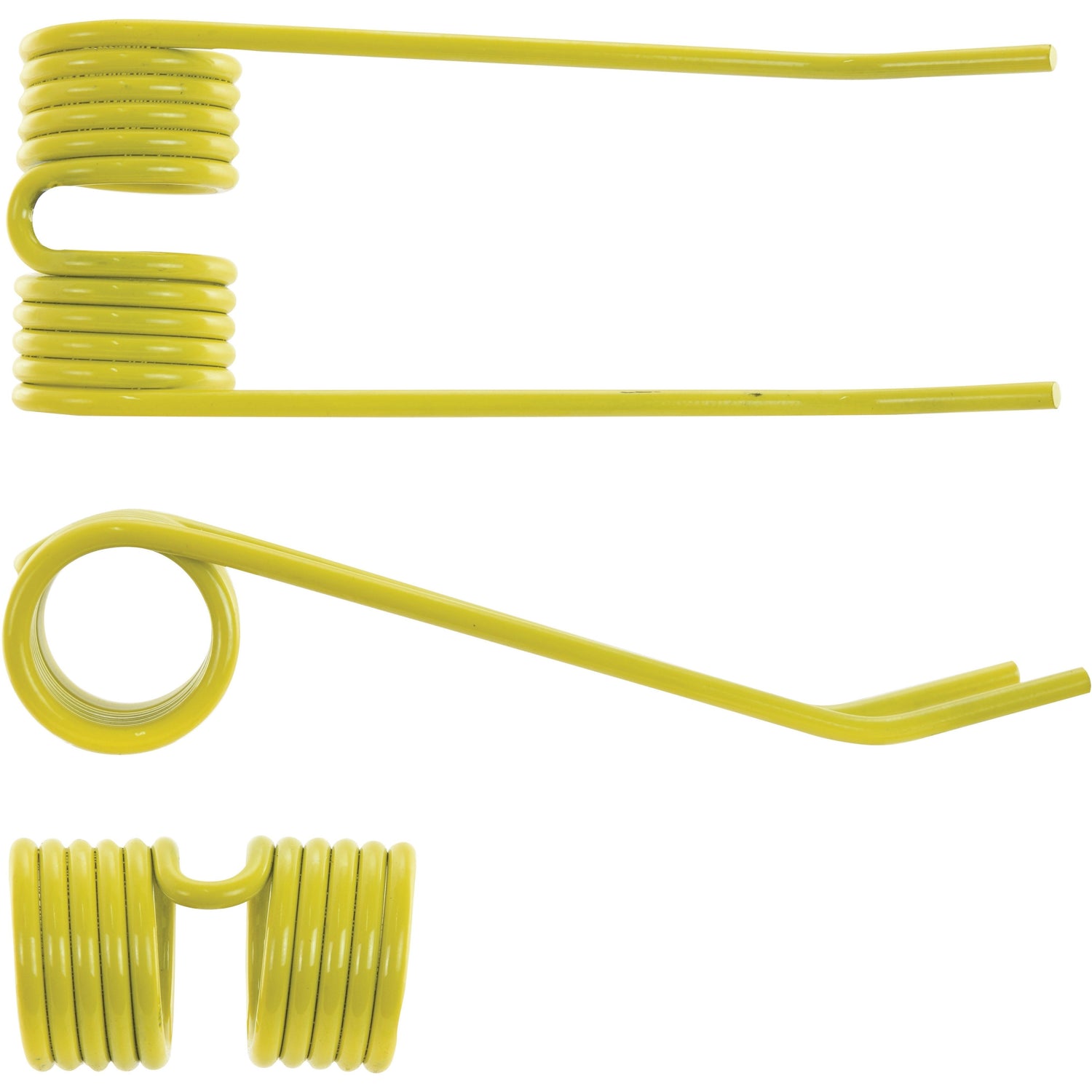 Three yellow metal torsion springs of different designs are arranged against a plain white background. One spring has tightly coiled ends, and another features a combination of coiled and straight segments. These precision-engineered parts resemble the Sparex Pick-Up Tine, with dimensions 185mm in length, 69mm in width, and a diameter of 5mm—a replacement for New Holland part number 131673 (Sparex Part No.S.78136).