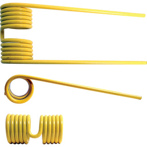 Three Pick-Up Tine coils, each a sleek length of 188mm, width of 71mm, and diameter of Ø5mm, are displayed on a white background. These yellow coils vary in shape and orientation but all echo the iconic hue associated with John Deere. Produced by Sparex as Replacement for John Deere's CC32965 under Sparex Part No.S.78332, they are expertly crafted from rod-like material.
