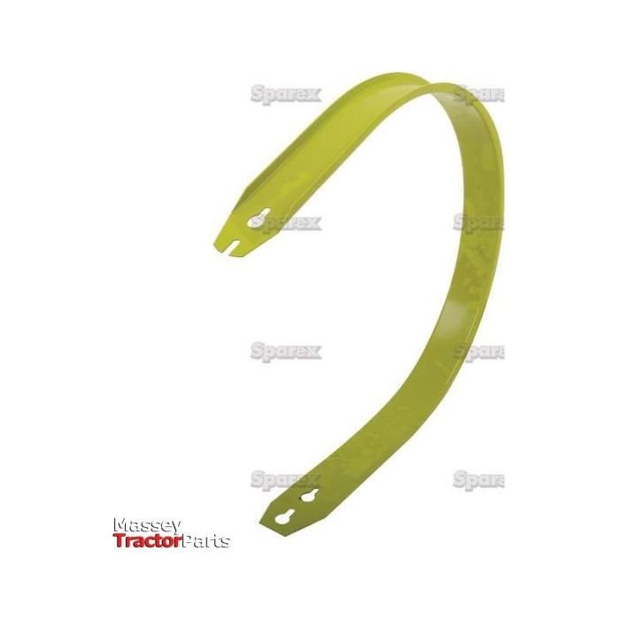 A yellow curved metal strap with mounting holes on each end, against a white background. Labeled "Sparex." Suitable as a replacement for Claas QUADRANT models. Known as Pick Up Reel Band - S.106037.