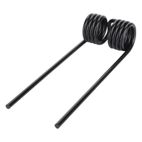 AGCO's Massey Ferguson Pick-Up Tine 0940-52-70-00 is a black metal double torsion spring featuring coiled ends and two straight rods, designed for Fendt and Massey Ferguson machinery.