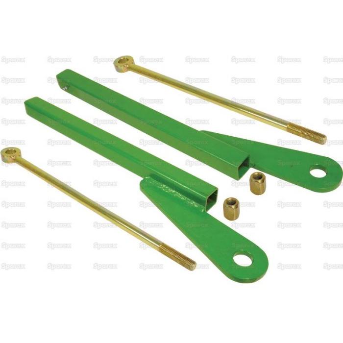Two green metal brackets with eyelet holes, part of a Sparex Pickup Hitch Kit (Part No. S.29745), accompanied by gold-colored rods with threaded ends and small bushings, laid out on a white background.