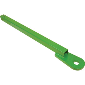 A green, elongated metal piece reminiscent of John Deere machinery, with a rectangular section and a circular hole at one end, is known as the Sparex Pickup Hitch Lift Arm Tube (Part No. S.29736).