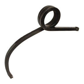 The Sparex Pigtail tine - 25x25x410 LH (Low Clearance), known as Sparex Part No. S.77173, features a coiled metal spring with two extending arms, one longer and curved downwards and the other shorter and straightened, making it ideal for use in low clearance Universal Tractors.