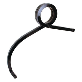 A Sparex Pigtail Tine (part number S.77183) in black metal, featuring a coiled section at one end and two extended arms in different directions, is compatible with Bomford and Universal Tractors.