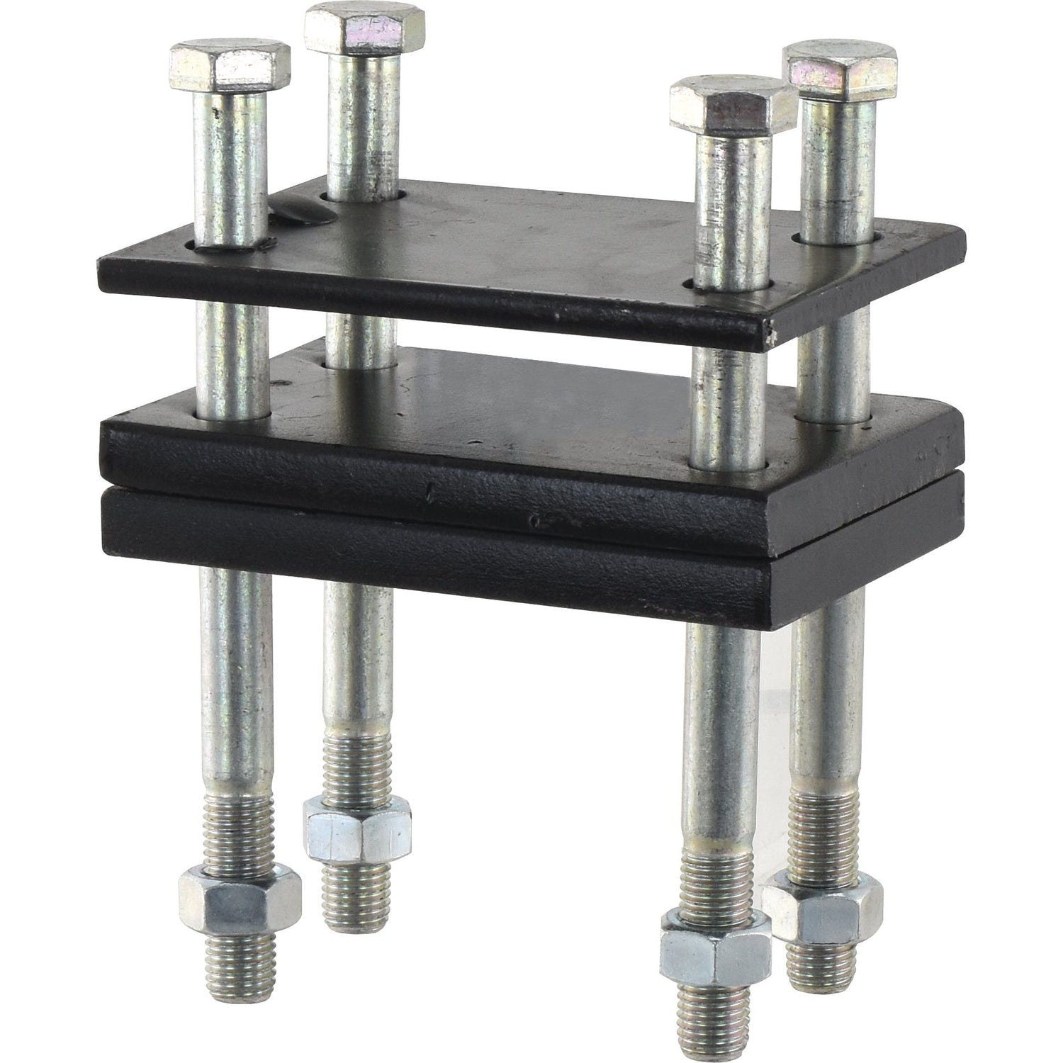 The Sparex Pigtail tine clamp 35x35mm Suitable for100x100mm (Sparex Part No. S.136397) consists of two black rectangular plates connected by bolts and nuts, fitting perfectly with 35x35mm tines or within a 100x100mm frame.