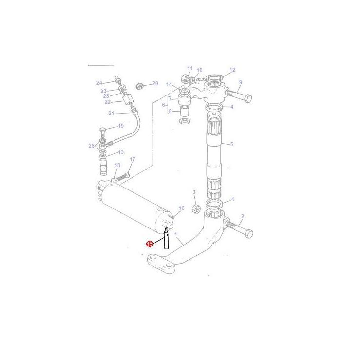 Diagram showing a steering system assembly with labeled parts, including the steering column, hydraulic cylinder, and various connecting components. An arrow points to the Massey Ferguson - Pin - 898366M2 by AGCO. Ideal for identifying parts in Massey Ferguson 100 Series tractors.