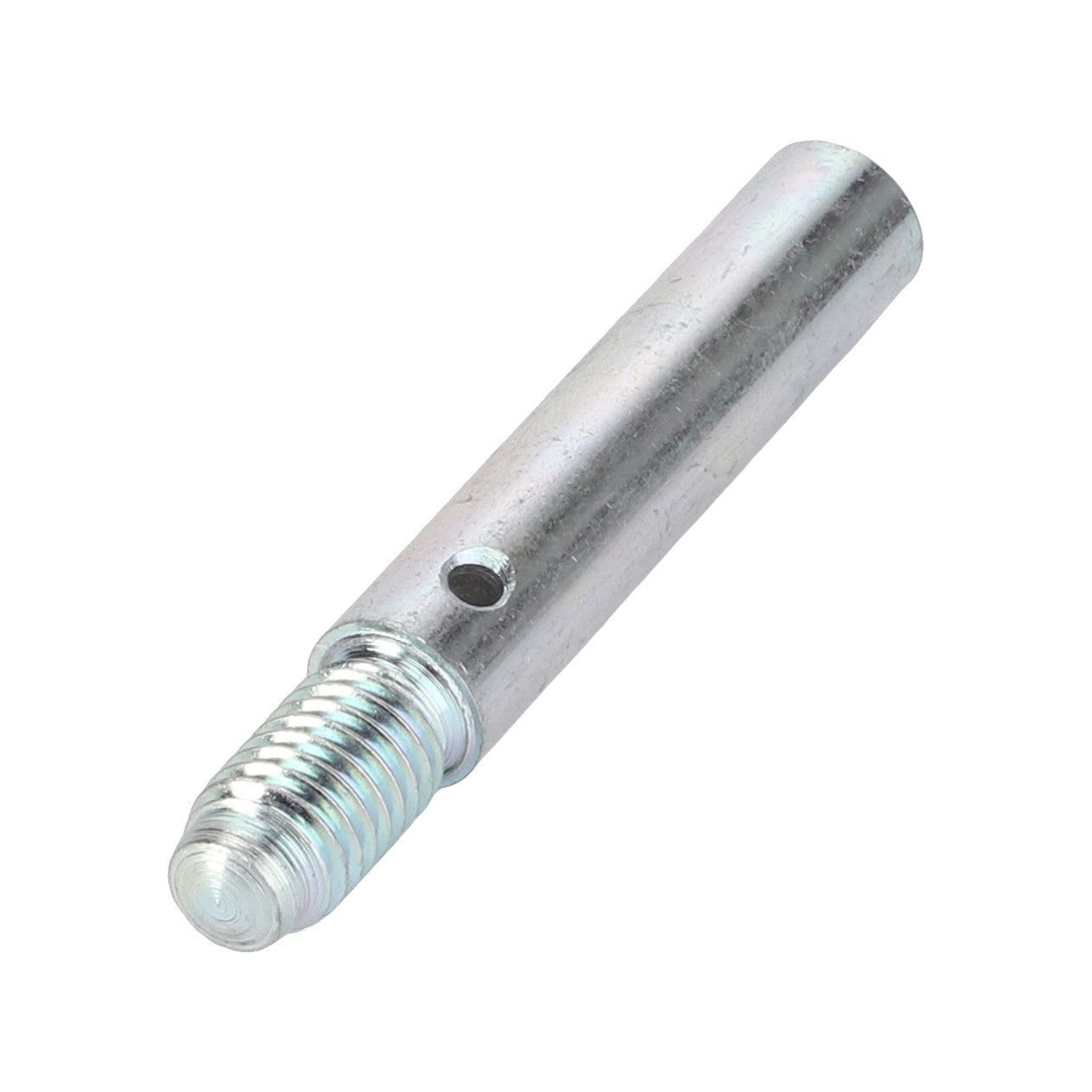 The Massey Ferguson - Pin - 898366M2 by AGCO is a metal rod with a threaded end and a small hole near its center, ideal for Massey Ferguson 100 Series tractor parts.
