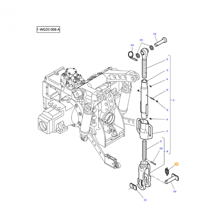 Detailed exploded view of a mechanical assembly, featuring clearly labeled parts such as rods, screws, and brackets organized sequentially. The reference WQ32-009-A is displayed in the top left corner. This assembly includes components from the DYNA E/POWER series for precise construction and features the AGCO Brand's Massey Ferguson - Pin - ACW1086740.