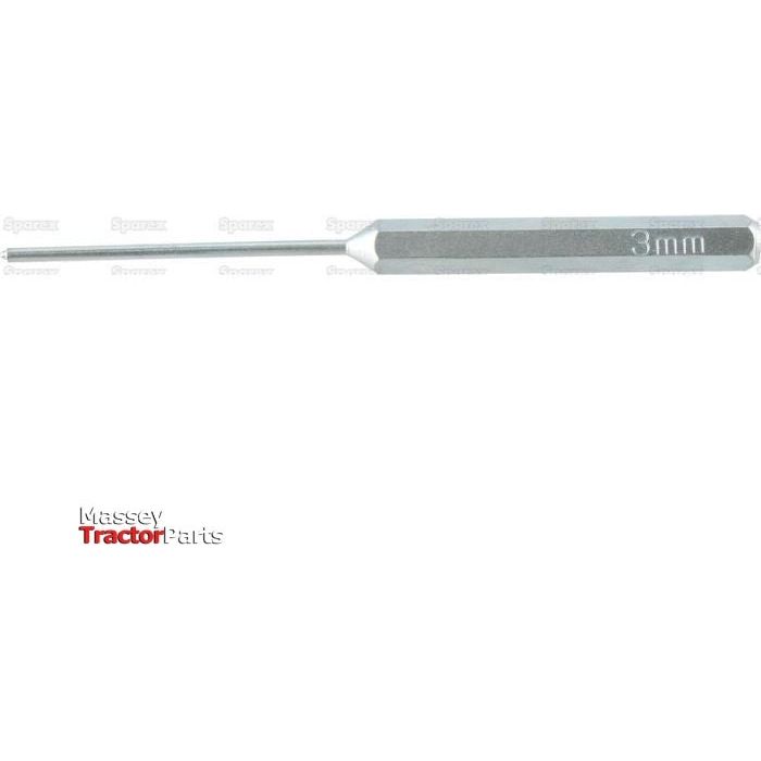 High-quality pin punch from the Sparex brand, labeled "3 mm", featuring a 6-sided handle grip and a pointed end. The Massey Tractor Parts logo is visible in the bottom left corner. This tool is part of the "Pin Punch Set 3mm (pack of 3) - S.155524".