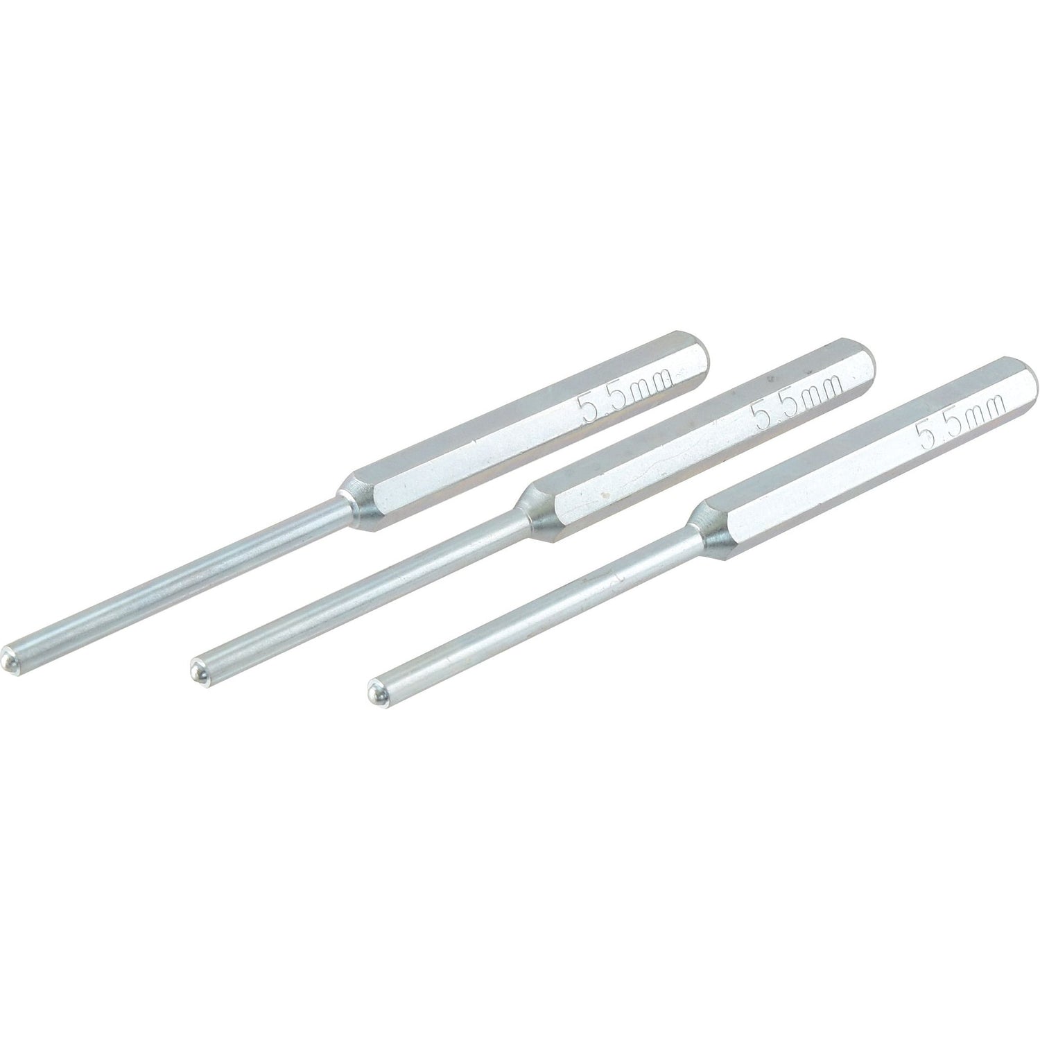 The Sparex Pin Punch Set 5.5mm (pack of 3), part number S.155526, includes three high-quality pin punches with precise 5.5mm metal cylindrical tips and long shanks, each designed with a six-sided handle grip for optimal control.