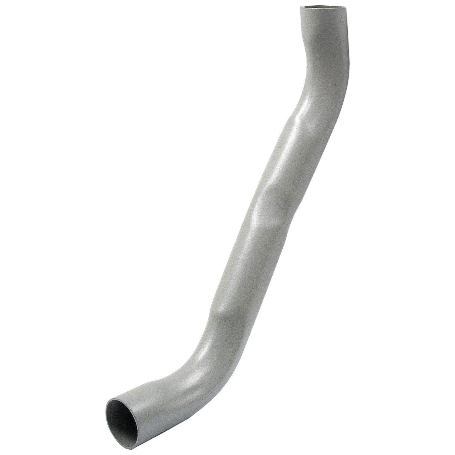 The Sparex Pipe - Air Cleaner To Carb (Sparex Part No. S.43776) is a grey, curved metal tube with ridges and two open ends—one slanted and one straight—designed for use in a Massey Ferguson carburetor.