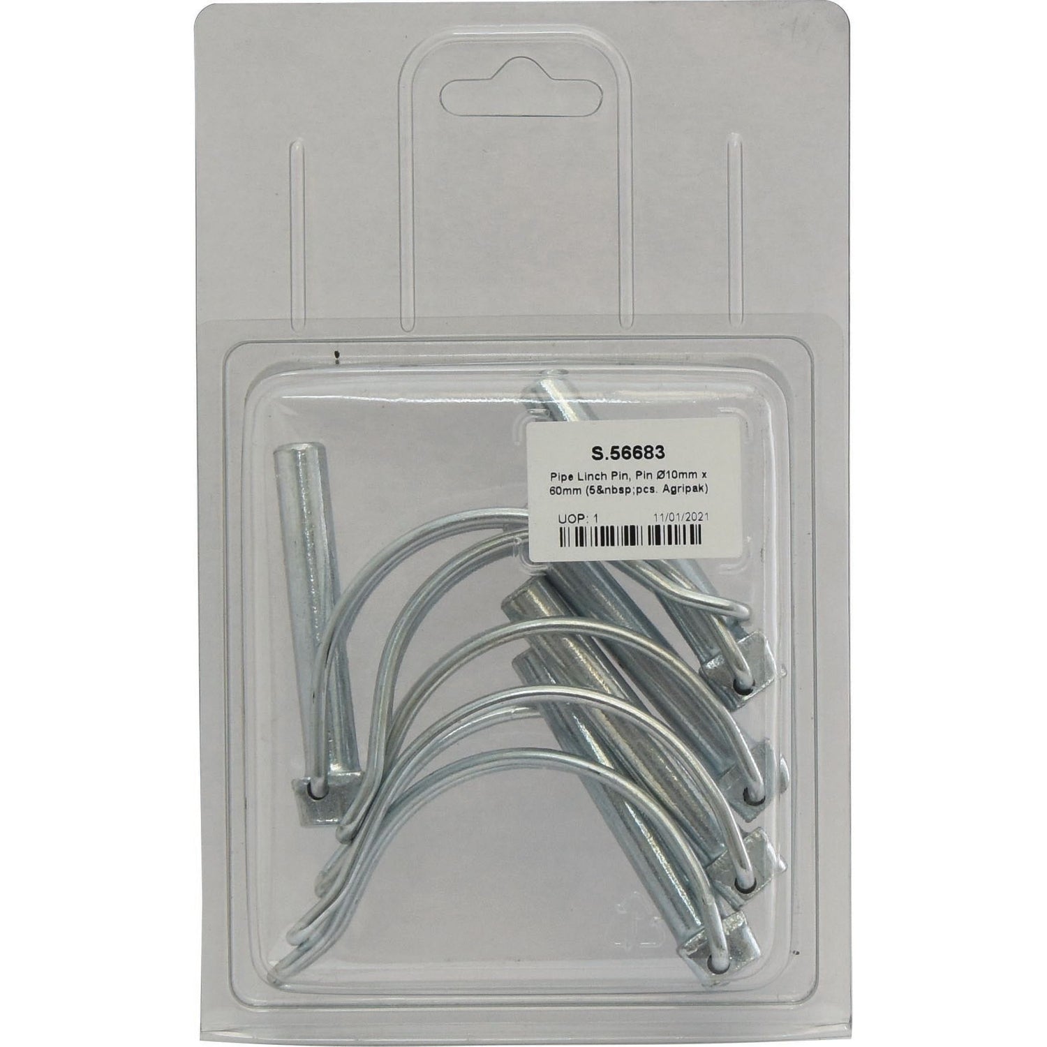A sealed plastic Agripak from Sparex contains five silver metal Pipe Linch Pins with curved ends, each measuring Ø10mm x 60mm. The package, labeled with Sparex Part No. S.56683, displays the product information and a barcode.