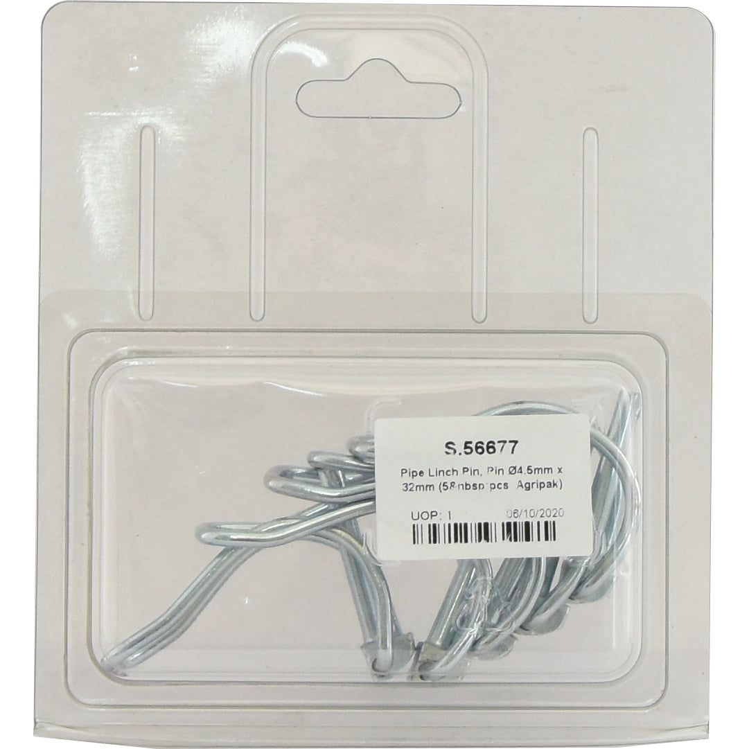 A package of Sparex Pipe Linch Pins, size 4.5mm x 32mm (5 pcs. Agripak), displayed on a white background. The package features a clear plastic window showing several silver metal pins inside.