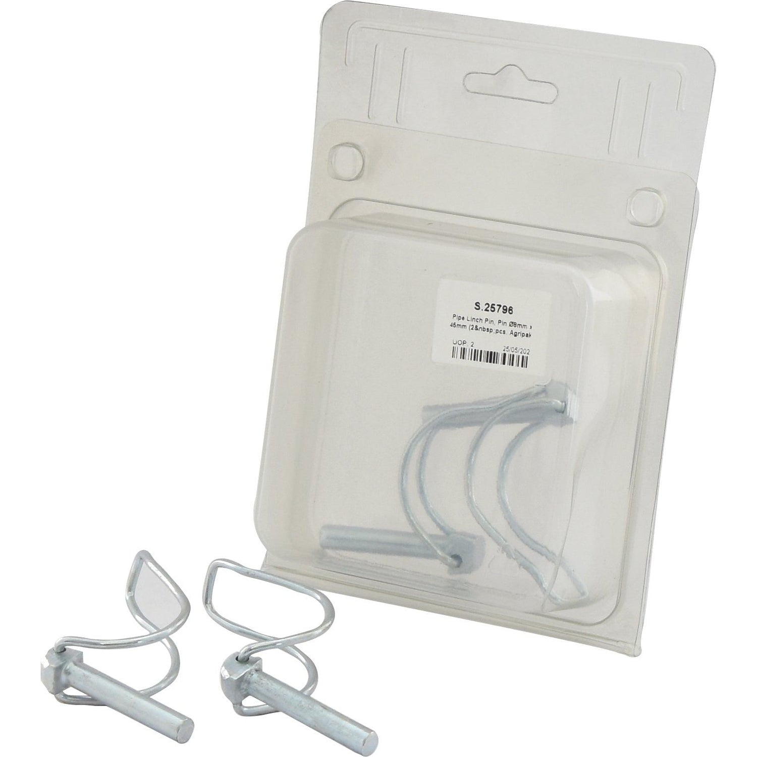 A packaged set of two Pipe Linch Pins (Pin Ø8mm x 45mm) by Sparex, containing wire retaining clips and labeled as Agripak under Sparex Part No. S.25796, with an additional unpackaged pair displayed in front of the package.