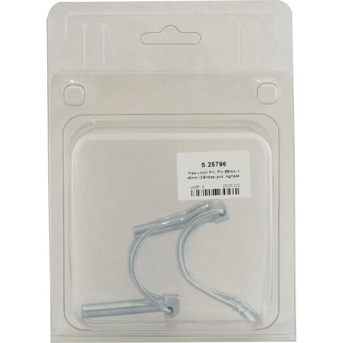 A clear plastic package containing a pair of silver Pipe Linch Pins, each measuring 8mm in diameter and 45mm in length, with attached wire loops. The label on the package displays product information including the Sparex Part No.S.25796 and prominently features the Sparex brand.